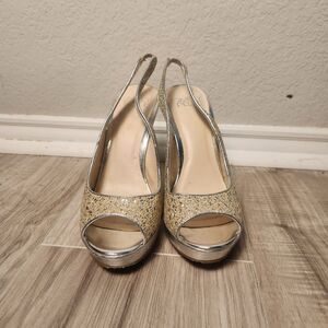 Simply Pelle Carmen Gold Silver Glitter Peep Toe Slingback Heels Size 6M